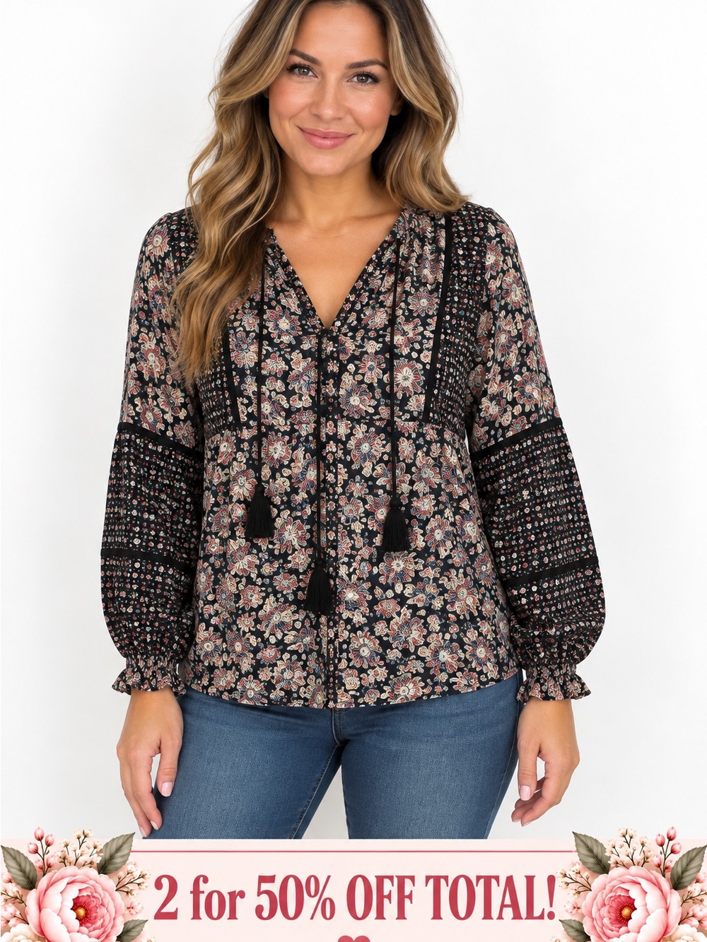 Zara Basic Paisley Floral Blouse XS Black Tie Front Boho 100% Polyester EUC